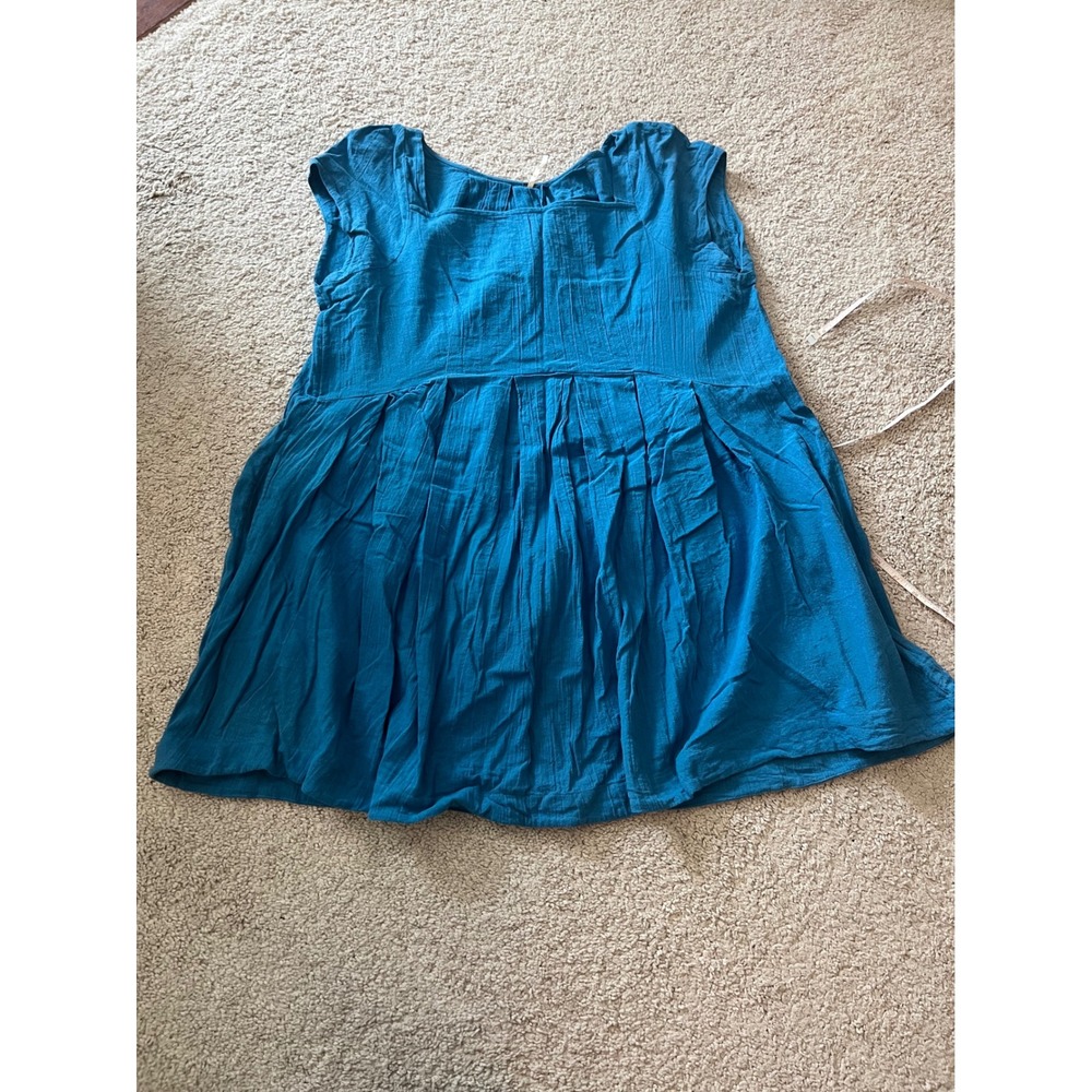 Free People Square Neck Cotton Short Sleeve Mini Dress Tunic‎ Blue Medium